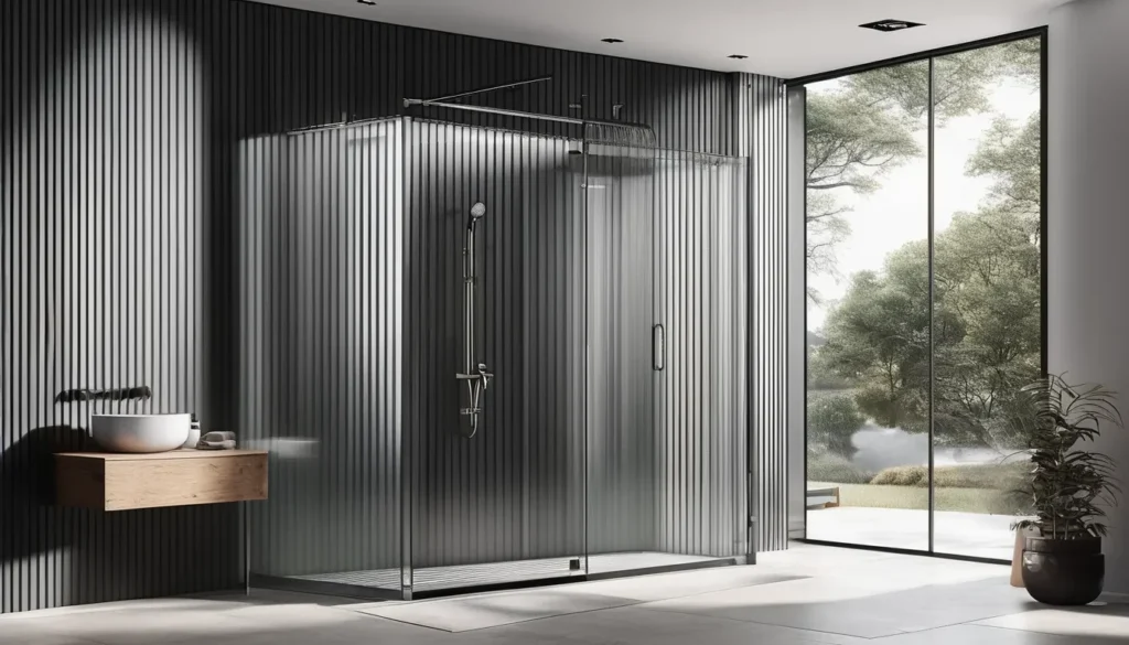 Modern bathroom with a glass-enclosed shower and ribbed metallic wall panels, featuring large windows that reveal a lush green outdoor view.